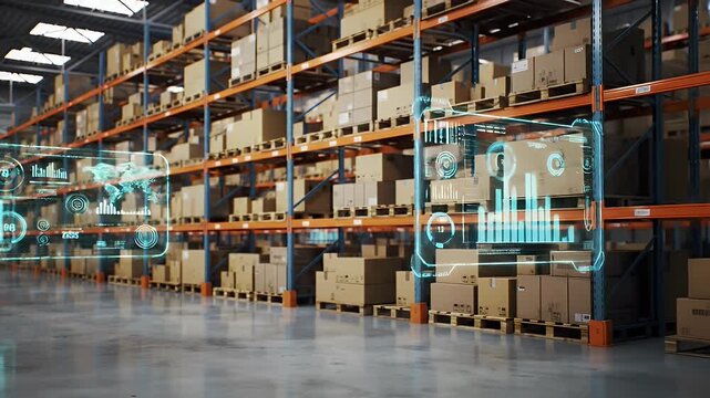Warehouse Interior with Cardboard Boxes on Metal Shelves and Holographic Data Interface Overlays - Powered by Adobe