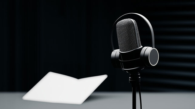 A singer records a demo in an audition booth with a microphone stand steady sheet music open headphones on and a sound engineer adjusting captured in a melodic photo with mic