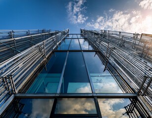 Fototapeta premium a close up view of a storefront with reflective glass and scaffolding under a cloudy sky