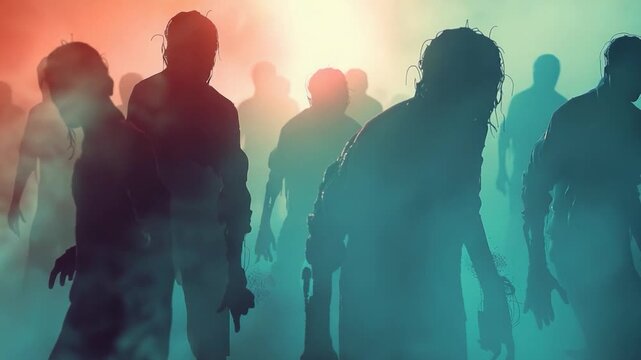 A group of undead creatures shrouded in mist, suitable for horror or sci-fi themes