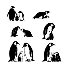 Obraz premium Vector art of penguin family vector silhouette illustration of antarctic birds with their chicks in various poses