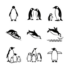 Vector art of set of penguin icons in various activities includes swimming, diving, family groups, and individual penguins standing © Sojib