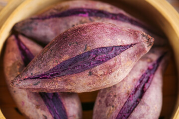Small Purple Sweet Potatoes Mini Tubers Sandy Skin Wooden Bowl Healthy Organic Vegetable Food