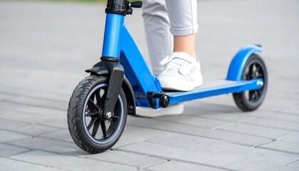 Close-up of a person riding a blue scooter