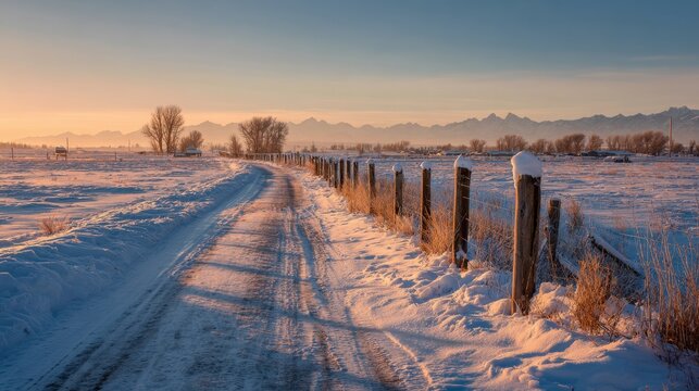 Snow-covered country road lined with wooden fence posts at sunrise, leading toward distant mountains under a clear winter sky.