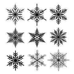 Vector art of nine distinct snowflake icons, ideal for winterthemed projects, holiday cards, and festive designs
