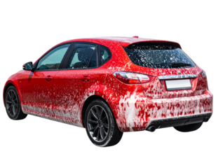  Side View of Red Sports Car with Soap and Water Droplets, Washing Scene, Isolated