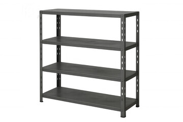 Metal shelving unit with four empty shelves, ideal for storage solutions in industrial settings, on transparent background