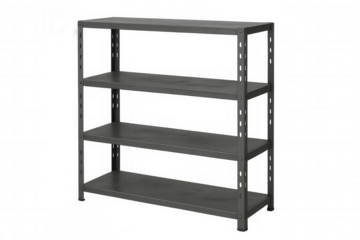 Metal shelving unit with four empty shelves, ideal for storage solutions in industrial settings, on transparent background