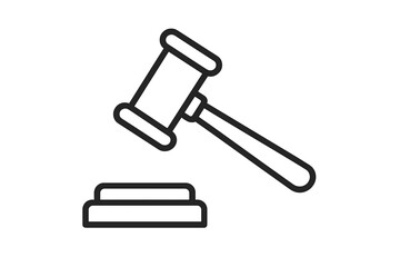 Judge gavel icon for law and justice. Court hammer symbol for verdict and sentence. Legal auction bid concept. Authority and decision pictogram. Line art vector illustration.