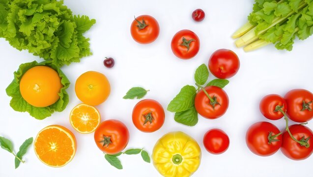 Overhead shot of oranges tomatoes lettuce and other vegetables on a white surface for a healthy meal