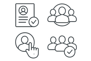 Recruitment icon set. Candidate choice, resume, hiring process linear icons. Human resources, job interview, teamwork concepts. Staff selection, personnel management symbols.