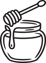 Hand drawn silhouette of a honey dipper with dripping honey over a jar isolated on white background