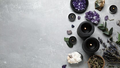 Minimalist and modern take on witchcraft visuals: black candles, crystals, herbs, and mystical symbols arranged on concrete or sleek urban surfaces. Dark, stylish, and trendy look &ndash; perfect for Insta