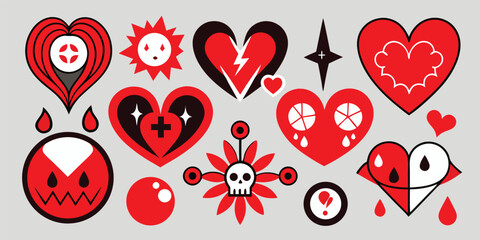 Red and black graphic icon set featuring hearts skull sun and other shapes bold abstract design elements
