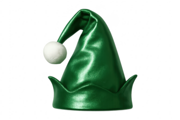 Shiny green christmas elf hat with white pompom on transparent background