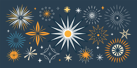 Retro style stars and fireworks illustration against a navy blue background featuring abstract geometric celestial design elements and various bursting star shapes in white yellow orange and blue