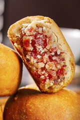 Handmade Xuanwei Ham Mooncake Cross Section Showing Traditional Chinese Pastry with Savory Meat Filling