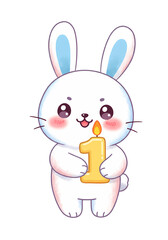Obraz premium Cute White Rabbit Holding Yellow Number One Candle on Transparent Background