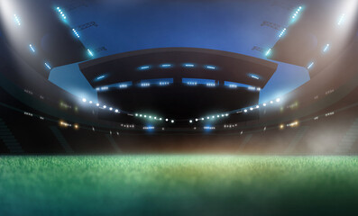 Secluded stadium at night under bright spotlights, soccer field with dark sky and lights, dramatic sports scene,