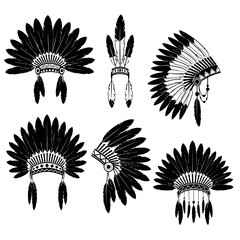 Vector art of native american headdress collection, showcasing various feather warbonnets in traditional and decorative designs