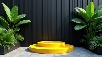 Yellow Podium With Plants and Black Wall