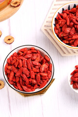 Dried Goji Berries Wolfberries from Ningxia in Bowls Traditional Chinese Superfood Health Food Ingredient