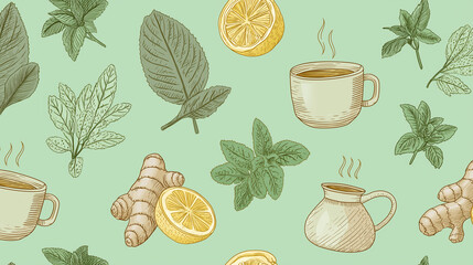 Herbal tea pattern with steaming cup, lemon slice, ginger root, and fresh green leaves on soft green background, creating warm and natural seamless design