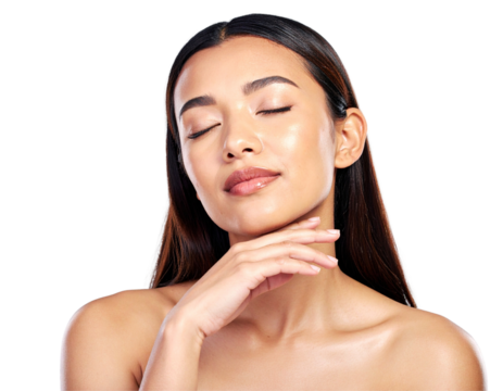 Elegant Woman with Radiant Skin, Eyes Closed, Hand on Face, Isolated Cutout