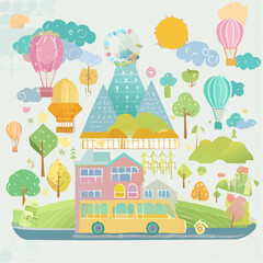 Pastel Dreamland Landscape with Hot Air Balloons and Bus