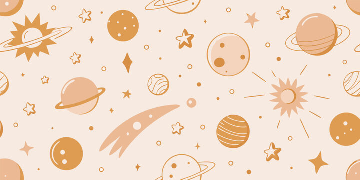 Seamless vector pattern featuring planets stars and celestial bodies in warm earthy tones ideal for space theme backgrounds