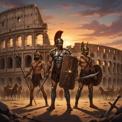 Naklejka premium Three Roman soldiers stand ready before the Colosseum at sunset