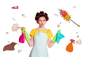 Composite photo collage of pouted lips housewife hold clean spray rub household chores duties hygiene isolated on painted background