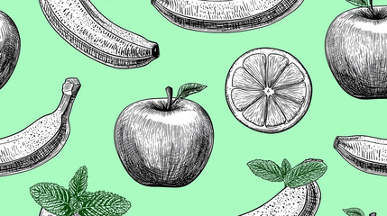 Hand drawn seamless pattern of fruits with apples, bananas, and citrus slices on green background, creating fresh and natural feeling in black and white line art style