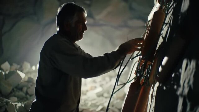 Experienced miner prepares explosives for controlled blast inside rock tunnel or mine