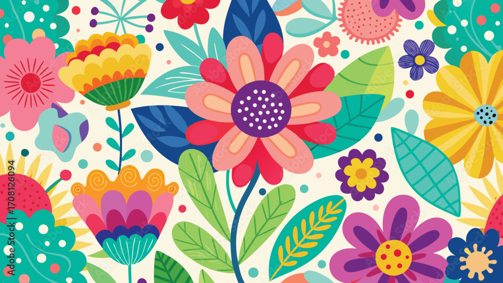 Poster vibrant floral pattern with colorful flowers and leaves creating a cheerful and playful design on an