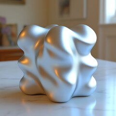 Abstract metallic sculpture, a smooth, light gray, warped cube-like form, sits on a marble surface, bathed in soft light