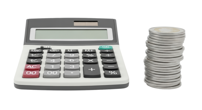 Isolated calculator with coins - Powered by Adobe