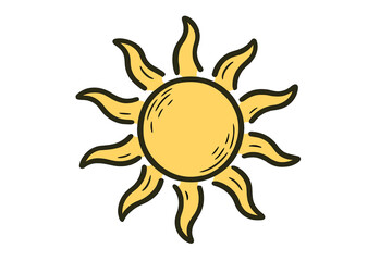 Sun symbol in a hand drawn doodle style. Vector cartoon illustration for summer and weather concepts. Cute yellow sunshine sketch icon, isolated graphic design element.