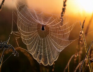 detailed view of a spider spinning a web intricately designed with morning dew catching the soft hues of a rising sun