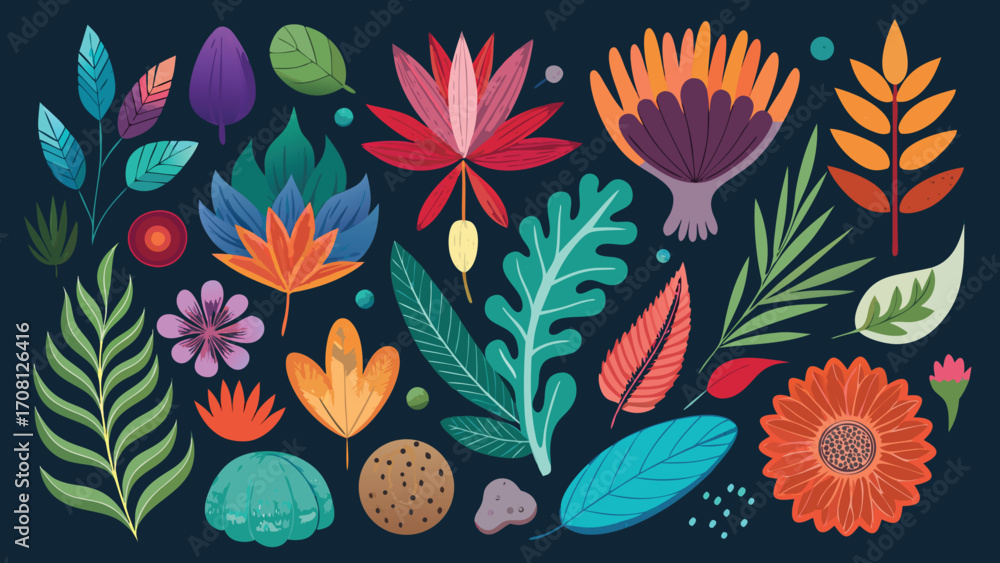 Poster vivid assortment of colorful botanical elements featuring leaves and flowers on a dark background fo