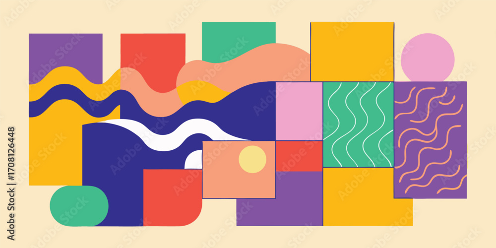Poster vivid abstract geometric composition with squares waves and circles playful and modern design for di
