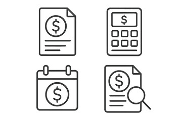 Finance and accounting linear icon set. Business money symbols collection. Financial report, budget calculation, audit, tax payment calendar. Vector outline illustration.