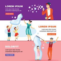 soap bubble show. soap bubbles characters, people having fun air blowers wand. vector cartoon flat banners.