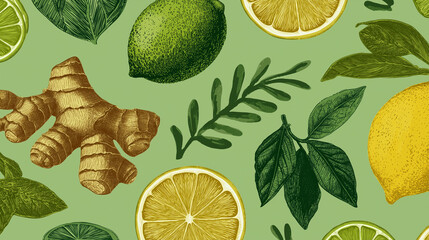 Lemon lime ginger herb seamless pattern with detailed leaves and citrus slices on green background, natural fresh botanical design with hand drawn style and vibrant colors