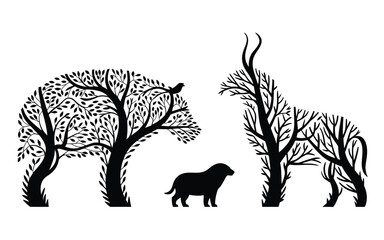Vector art of a captivating illustration showcases a boar, antelope and dog, ingeniously crafted from the intricate branches of trees, , blending nature and wildlife