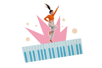 Composite photo collage of excited happy girl dance piano keypad buttons weekend occasion music event isolated on painted background