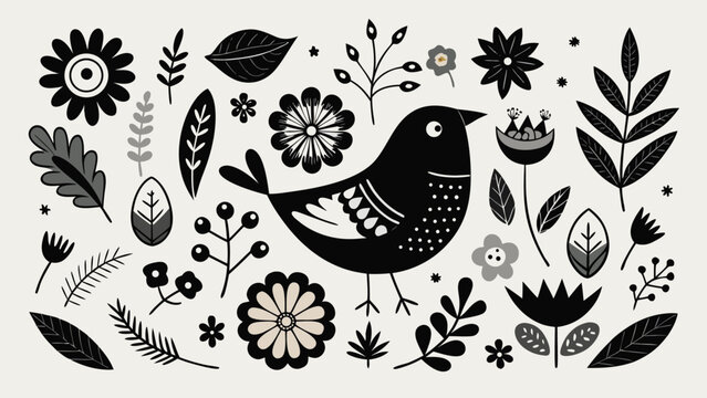 Whimsical bird and floral illustration in black and white palette decorative botanical elements design folk art aesthetic nature inspired composition
