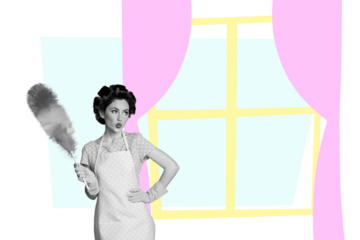 Composite photo collage of happy girl housemaid pouted lips hold dust brash cleaning household chores tidy isolated on painted background