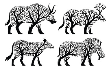Obraz premium Vector art of a captivating illustration showcasing a diverse collection of animals, each intricately formed from the delicate branches of trees, , creating a harmonious blend of nature and wildlife